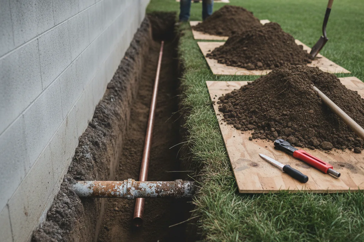 Excavated water line trench during Water Heater Repair in Mendon